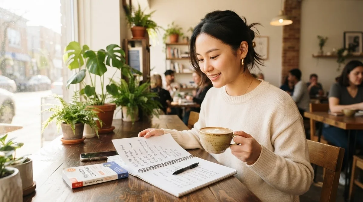 コーヒーカップを手にした女性がカフェのテーブルに座り、ペンでノートに何かを書いている。テーブルの上には本や植物が置かれており、背景には他の人々の姿が見える。.