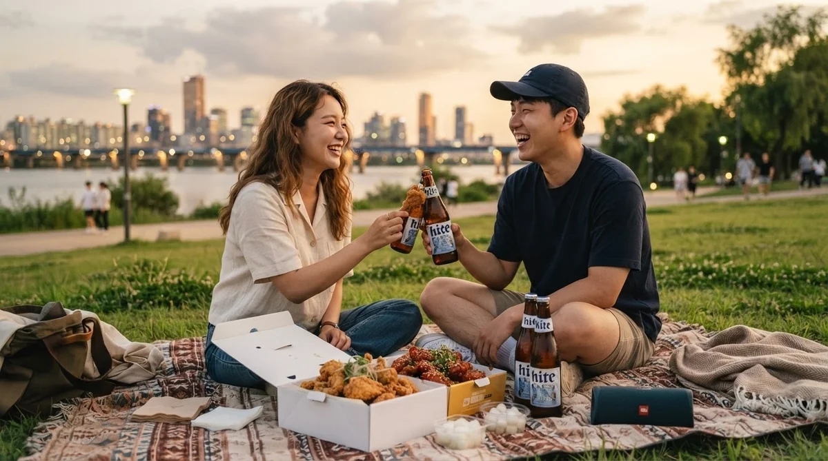 公園の敷物の上に2人が座り、笑顔を浮かべながらビール瓶をカチンと鳴らし合っている。目の前には食べ物が並べられ、背景には夕暮れ時の街並みと川が広がっている。.