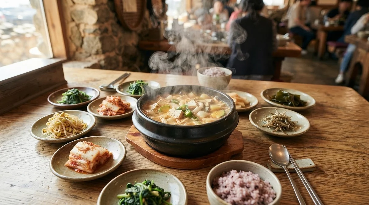 レストランの木製のテーブルの上に、湯気の立ち上る豆腐の煮込み鍋と、ご飯、キムチ、そしてさまざまな野菜のおかずが盛られたお椀が並んでいる。.