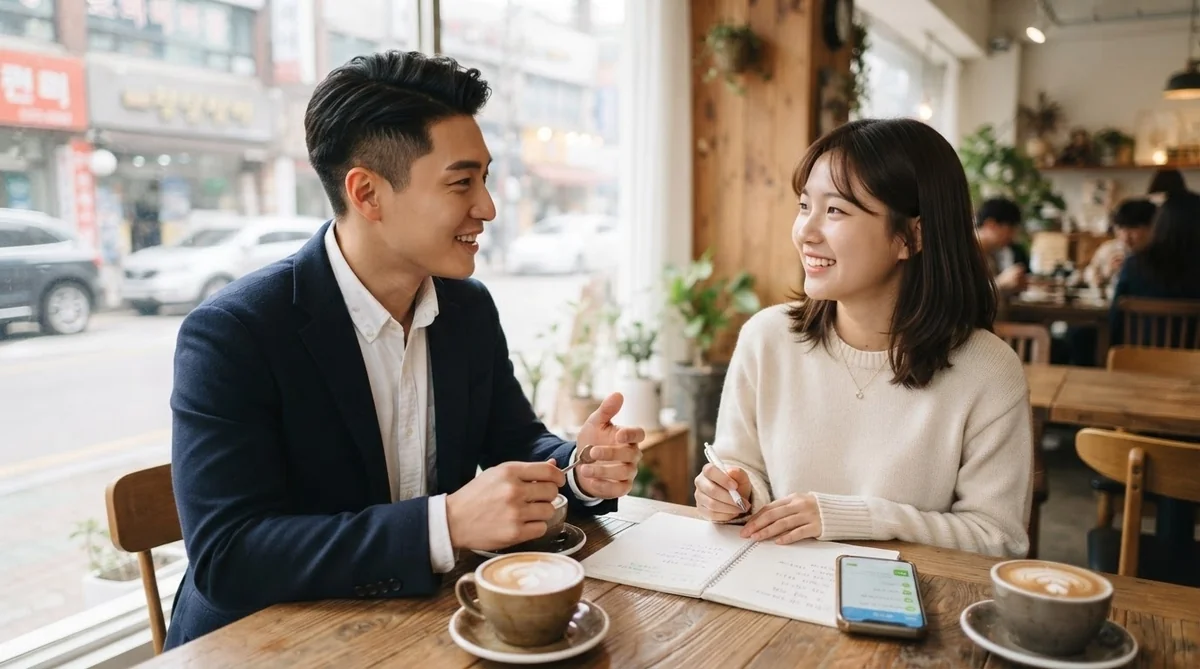 カフェのテーブルに2人が座り、コーヒーを片手に笑顔で会話を交わしている。そのうちの1人はノートに何かを書き込んでおり、テーブルの上には携帯電話が置かれている。.
