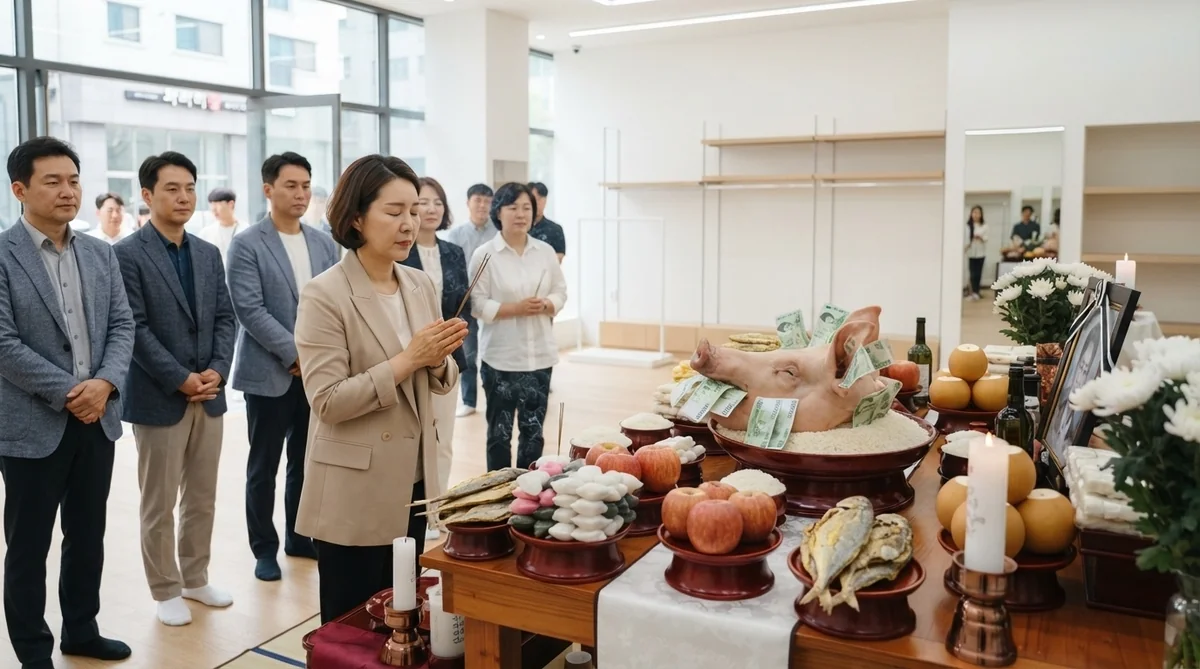 ある部屋の中に人々が立っており、その中には手を合わせている者もいて、彼らの目の前には、供え物やろうそく、花、そして紙幣で飾られた豚の頭が置かれたテーブルがある。.
