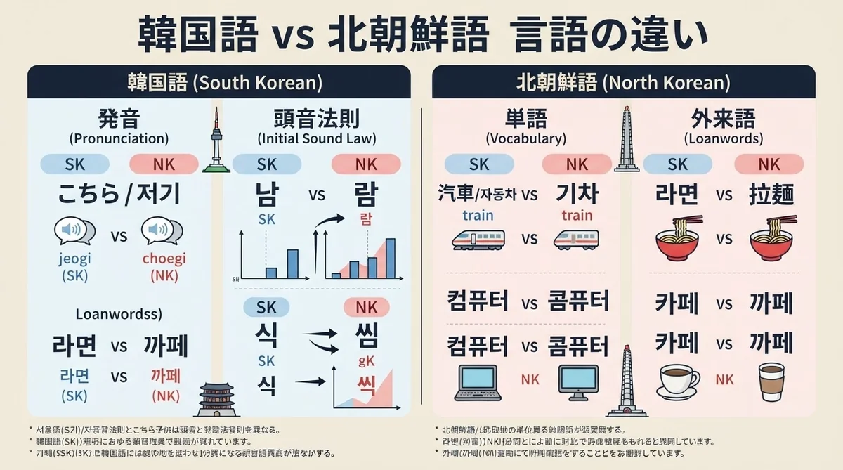 韓国語と北朝鮮の言語規範や正書法の比較資料が書かれた学習テキスト