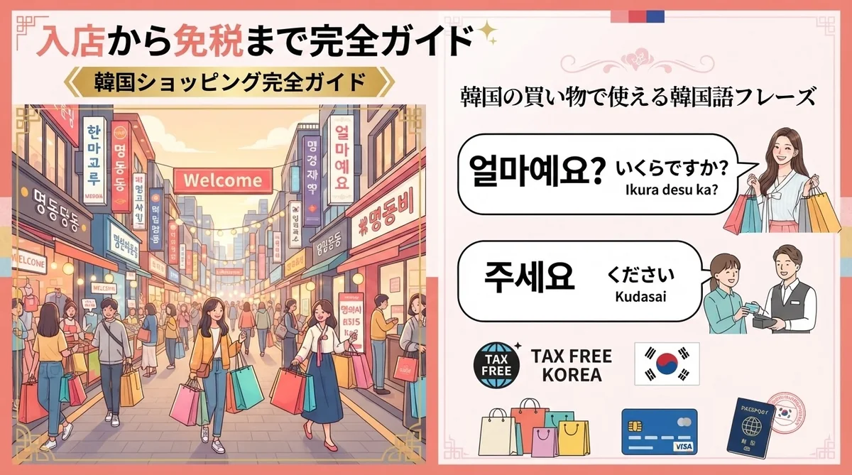 カフェの机の上でスマートフォンに表示された韓国語の買い物フレーズとメモ帳