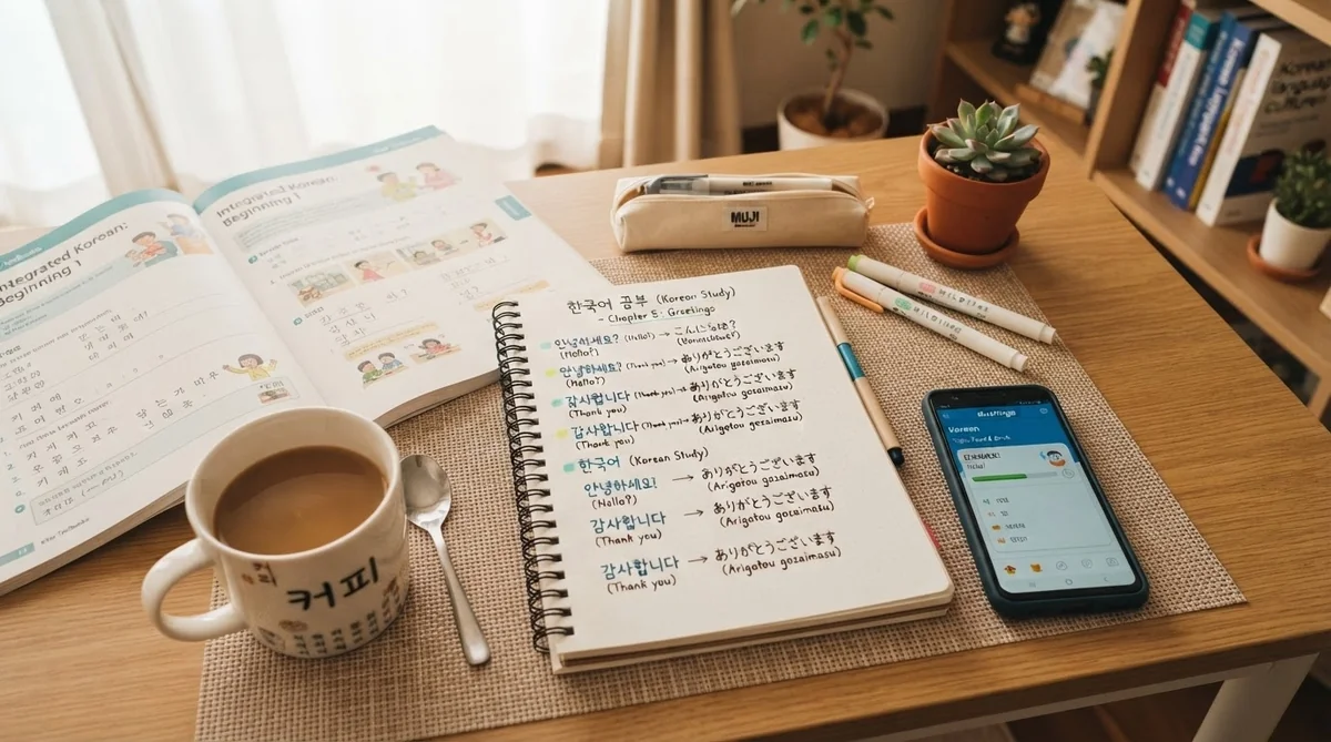 韓国語の学習ノートと参考書が広げられた勉強机の風景