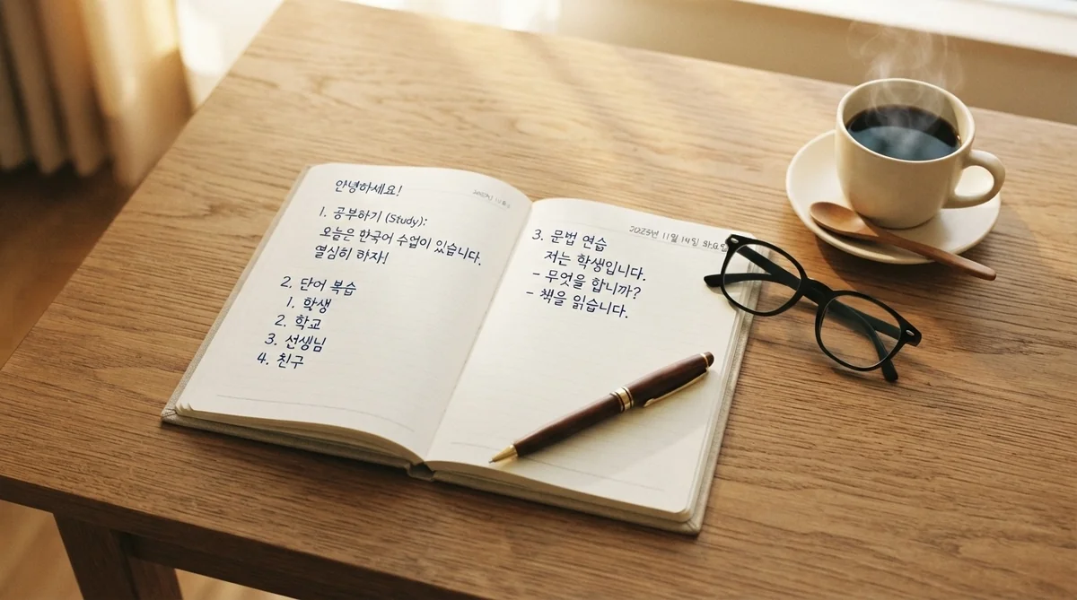 ノートに書かれた韓国語の数字と学習デスクの風景