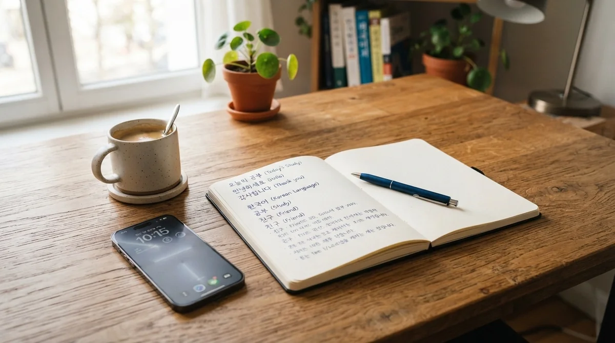 ハングルの手書きノートとコーヒーが置かれた机
