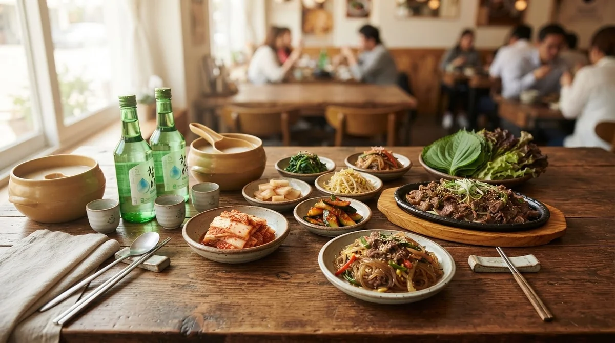 韓国の飲食店でテーブルに並べられたお酒と料理