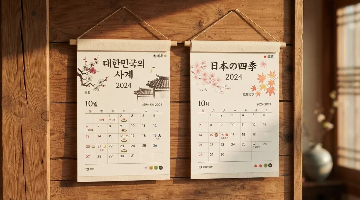 韓国と日本のカレンダーの違いを表現した木目背景のビジュアルイメージ