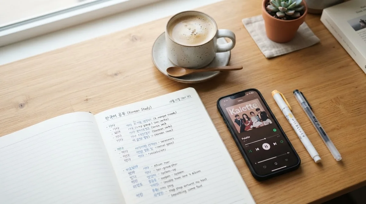 ハングルが書かれたノートとスマートフォンが置かれた学習デスク