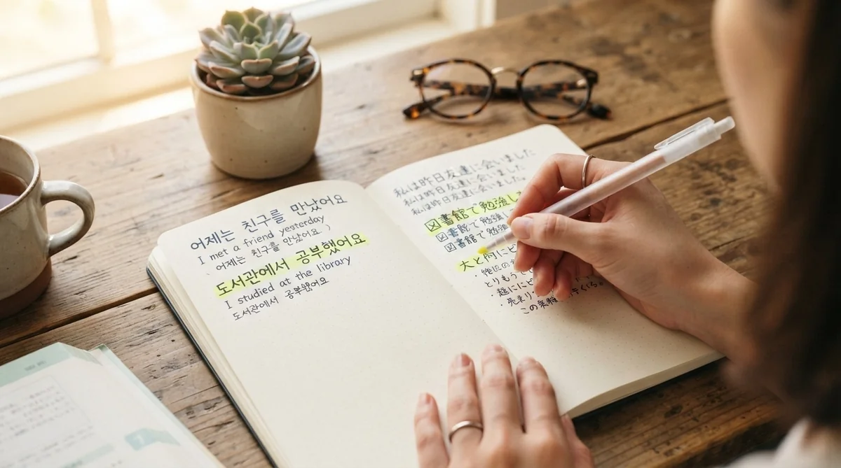 ハングルと日本語が書かれた韓国語の学習ノートとペン