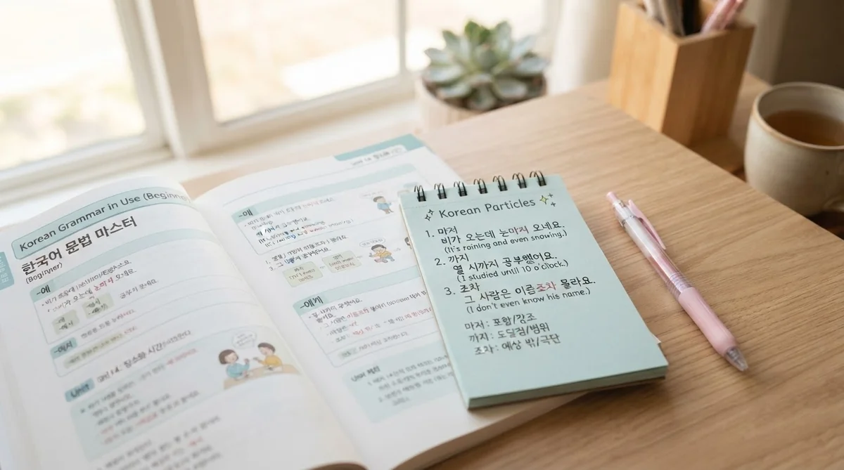 韓国語の助詞テキストとノートが置かれた勉強机