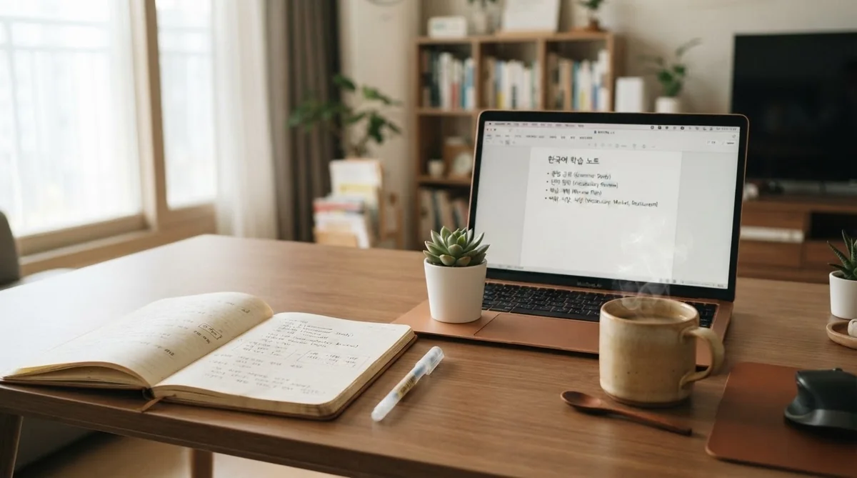韓国語のノートとパソコンが並ぶ落ち着いた勉強机