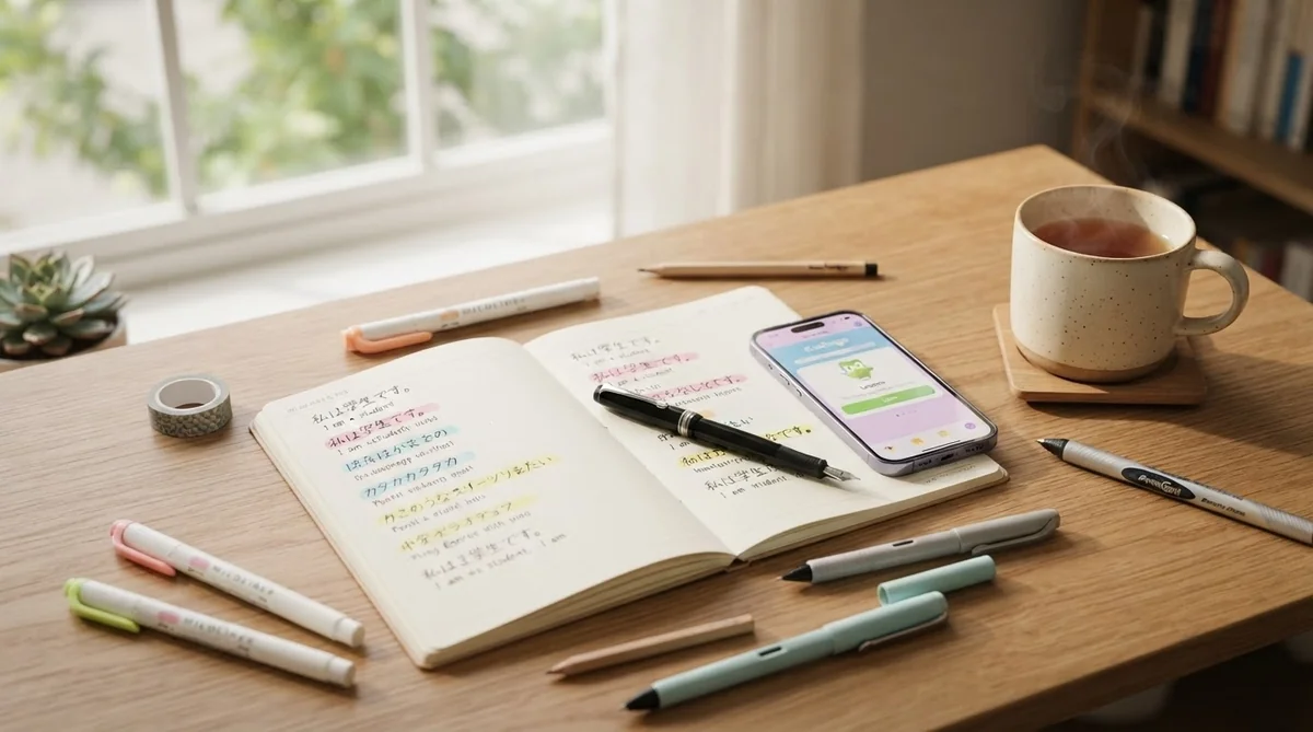整然と並べられたノートと語学テキスト、勉強用のスマホが置かれたデスク風景