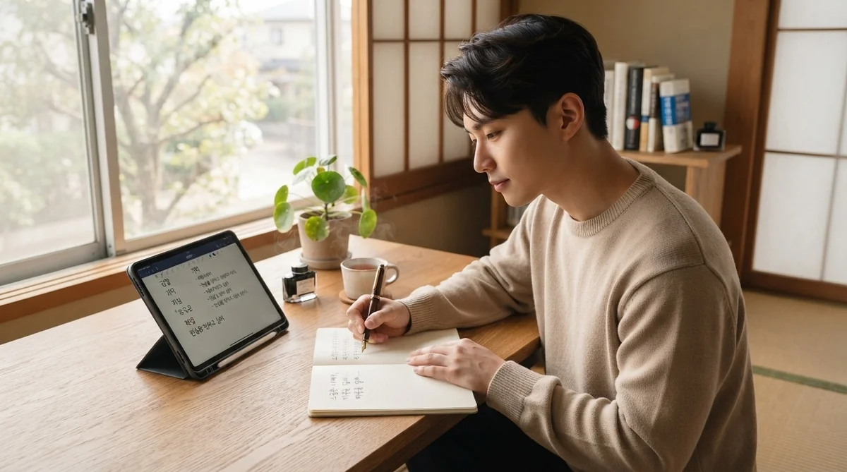 日当たりの良いデスクで韓国語のメッセージを熱心に書き準備する男性の姿