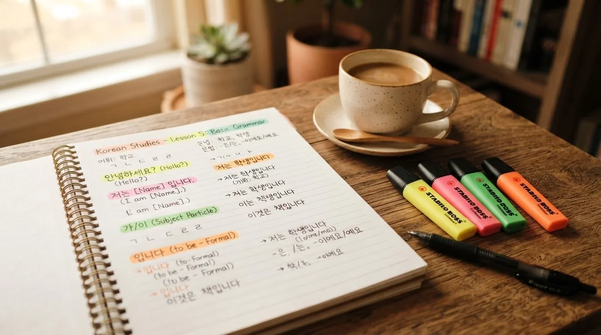 韓国語の単語帳と文房具が綺麗に整理された学習机の風景