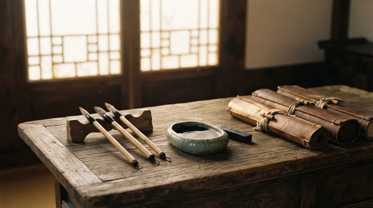 新羅時代の伝統的な書物と筆が置かれた静かな学びの場