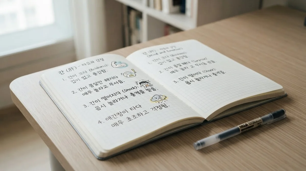 韓国語の学習ノートに整理された慣用句とテキストの解説