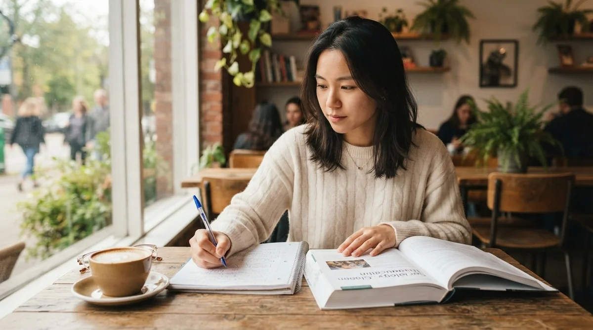 カフェの机でノートをとる学習者