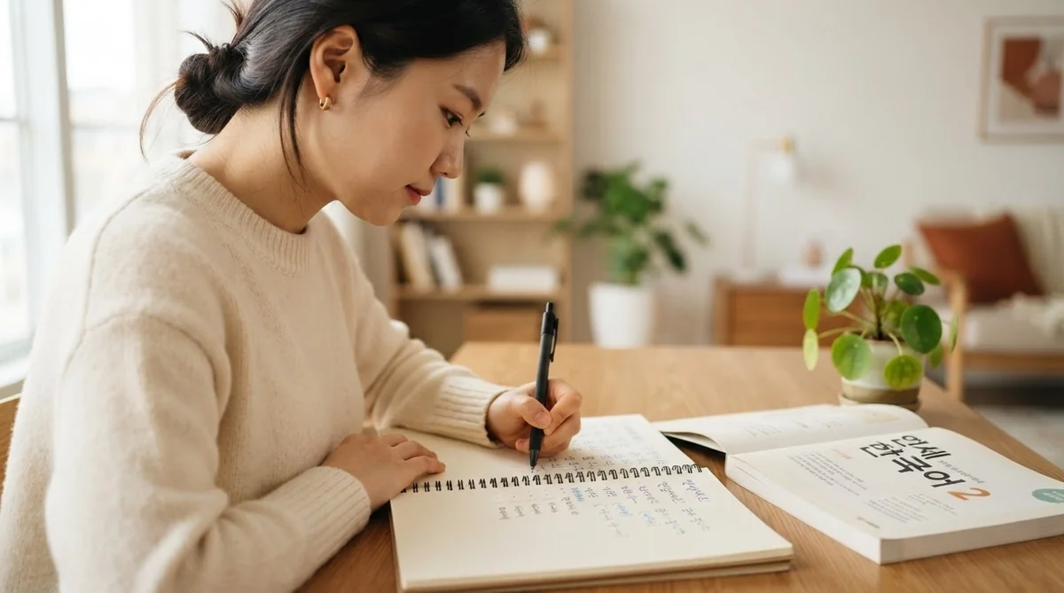 韓国語のノートにペンで熱心に単語を書き込む学習者の手元
