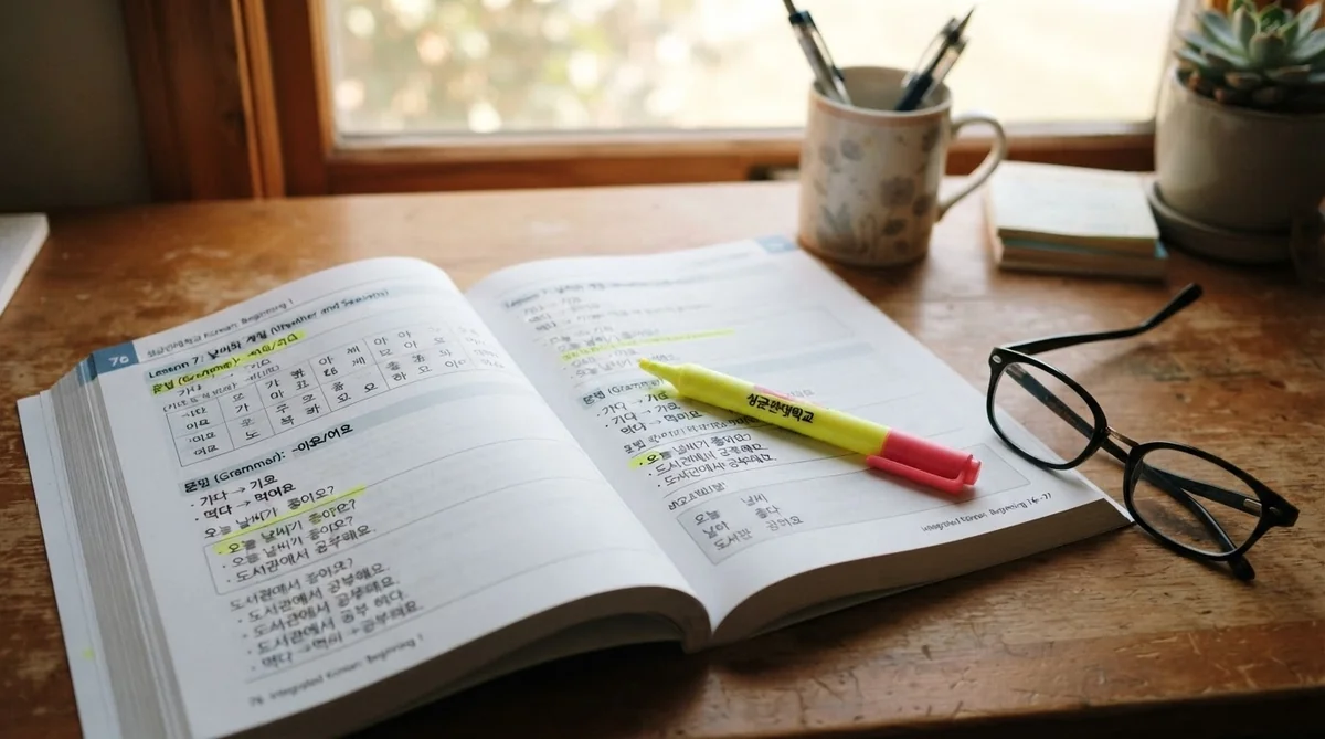 韓国語の教材やノートが置かれた勉強机の様子