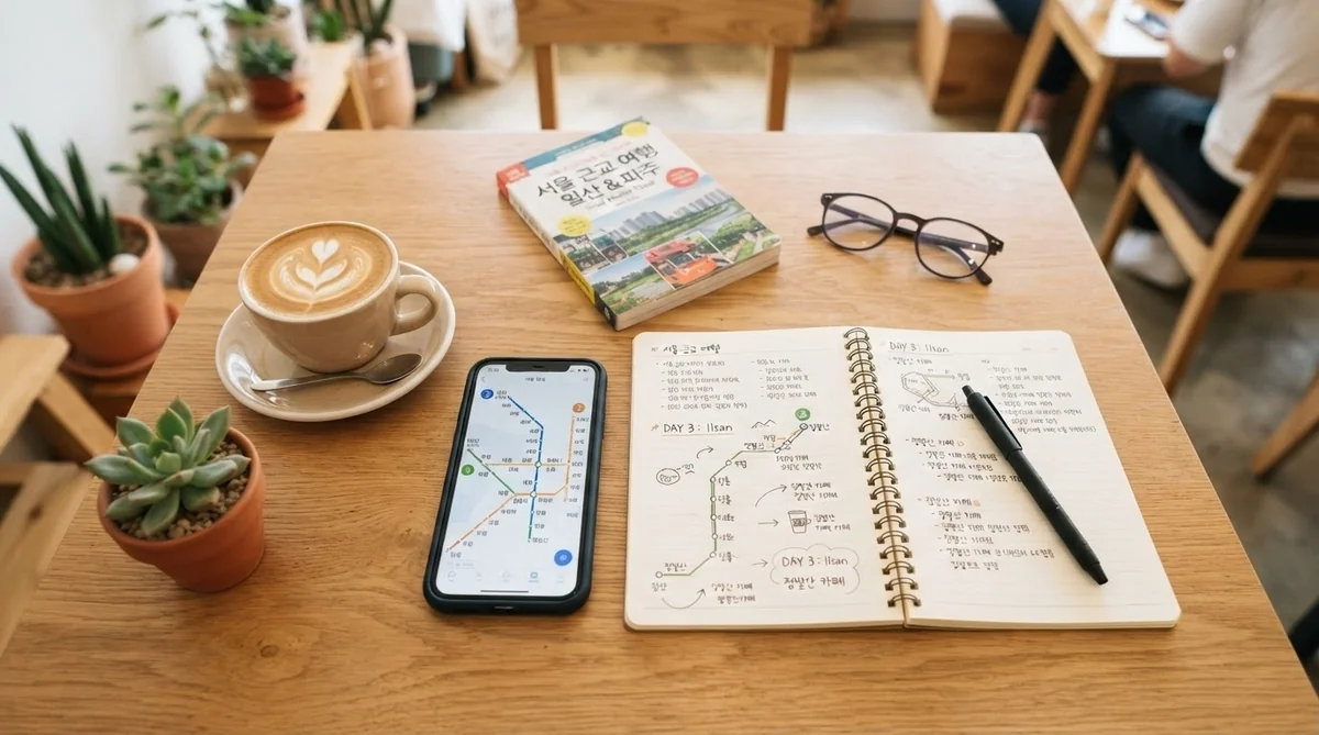 カフェでハングルの地下鉄路線図とスマートフォンを広げて経路を確認する様子