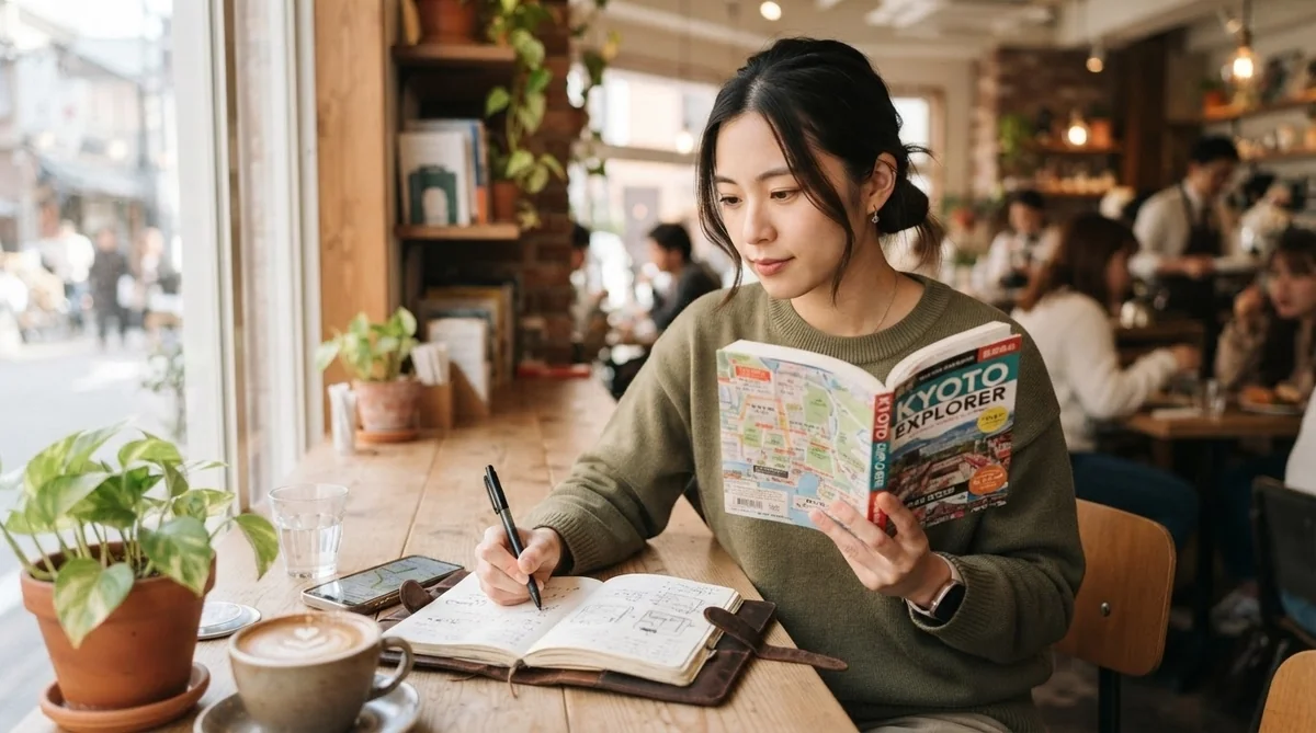 デスクで韓国の地図とノートを広げて龍仁・丹陽の旅行計画を立てる様子