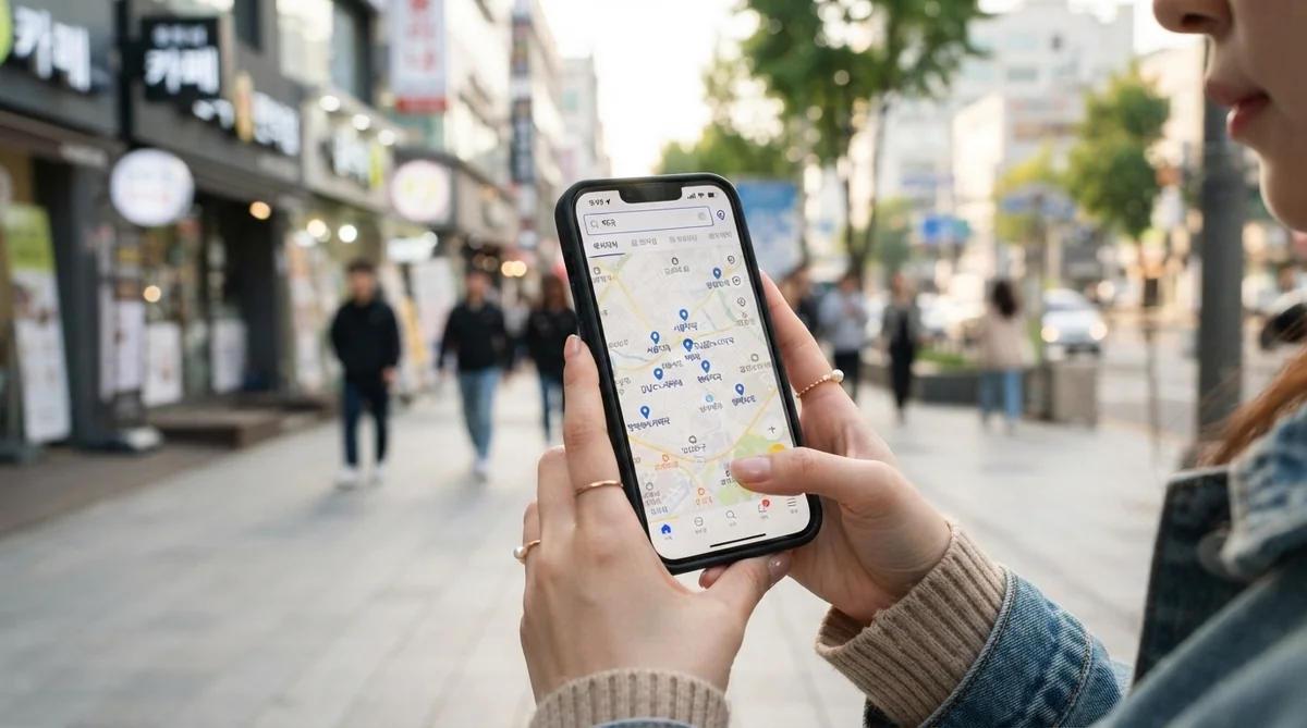 スマートフォンで韓国の地図アプリを開き薬局を検索する手元