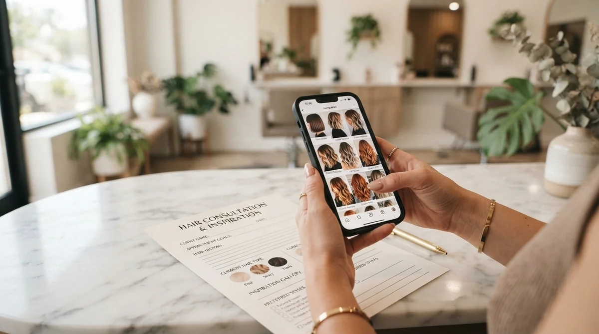 スマートフォンで希望の髪型写真を見せる準備