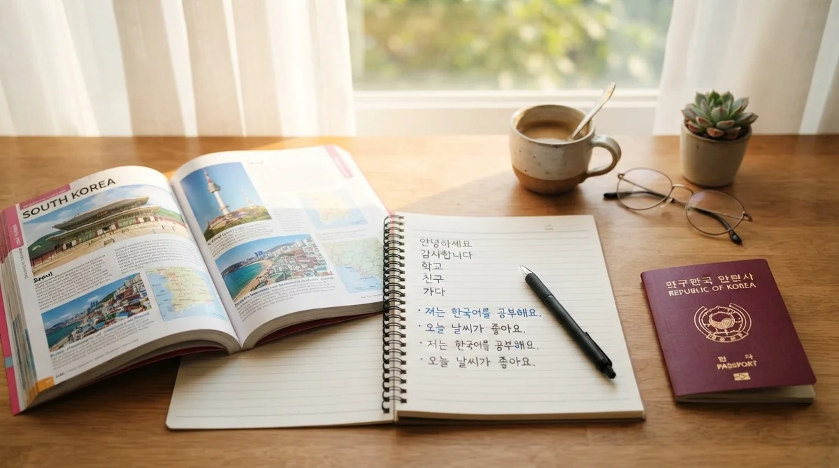 韓国の旅行ガイドブックと韓国語ノートとパスポートが置かれた勉強机