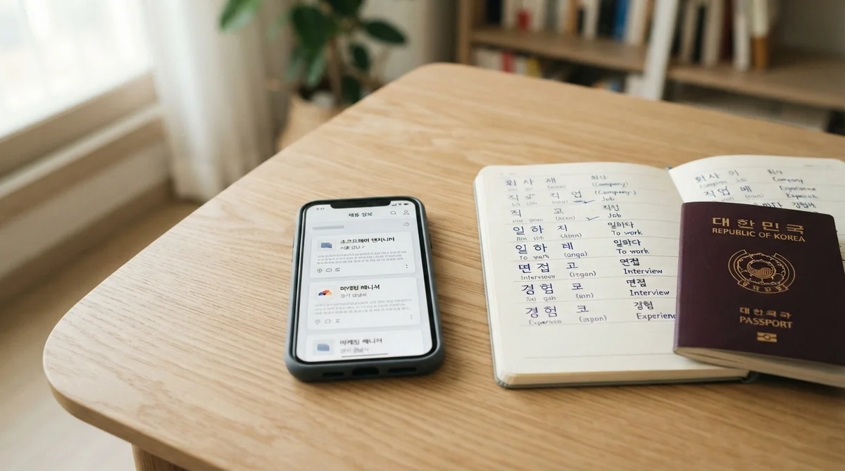 韓国のアルバイト求人を検索するためのスマートフォンとノート