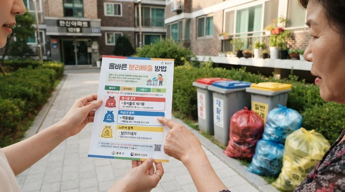 韓国の指定ごみ袋と資源分別容器の解説写真