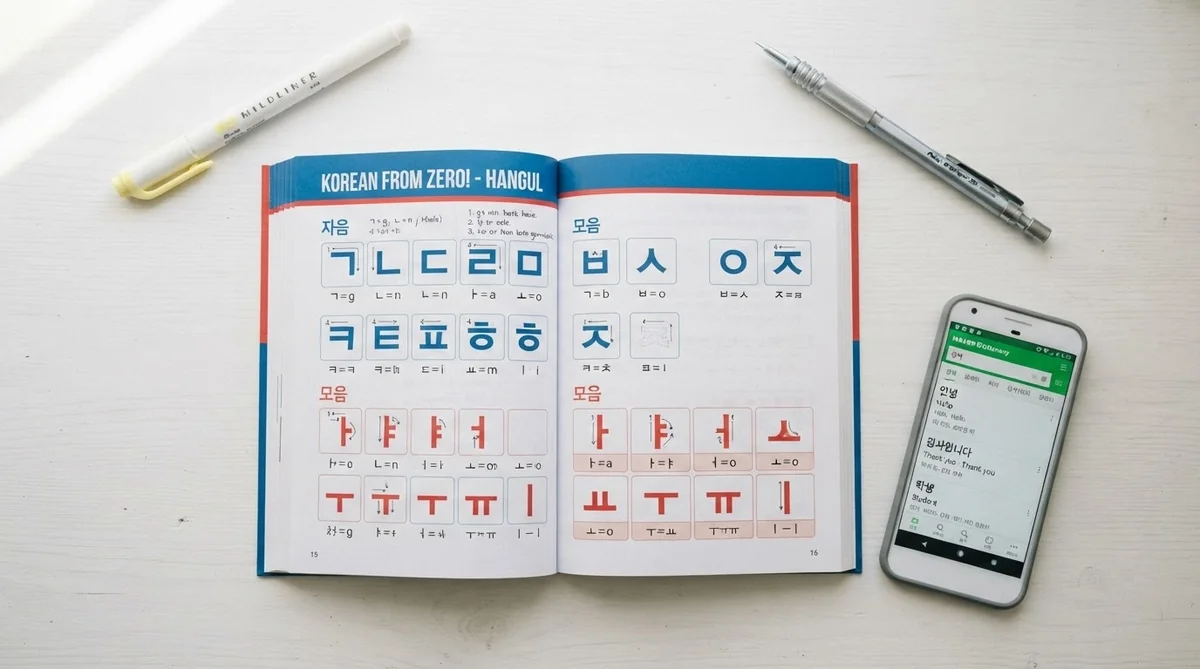 整然と並べられた韓国語のテキストとハングル学習用のノート