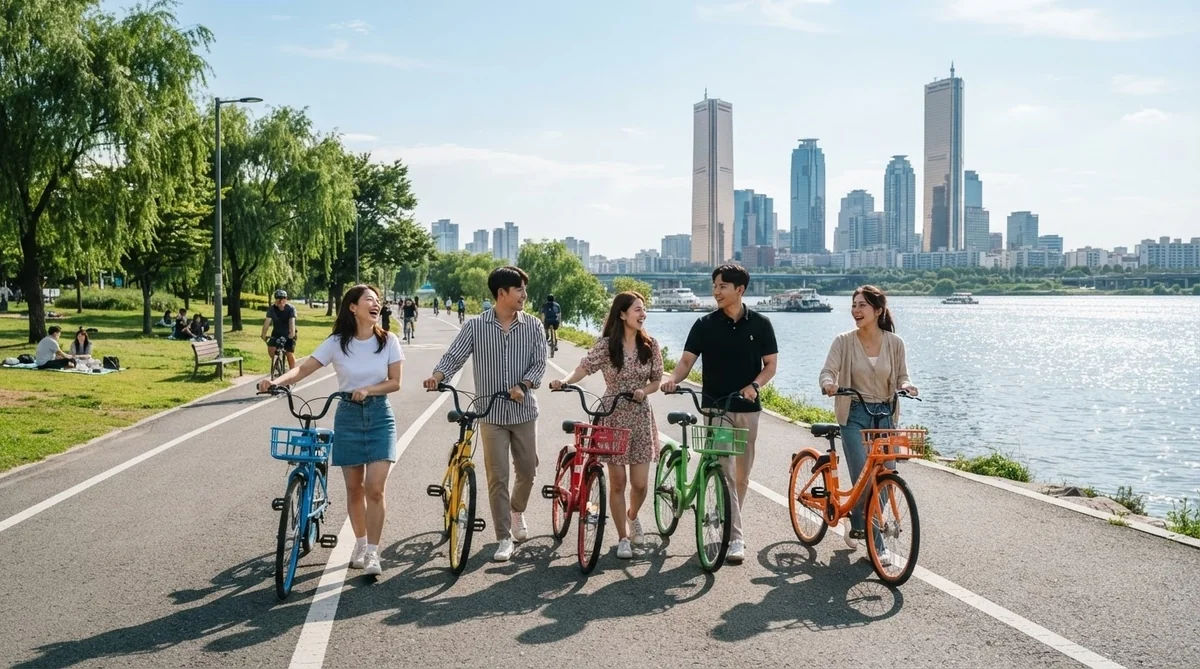 日中の汝矣島漢江公園で爽やかにサイクリングを楽しむ若者たち