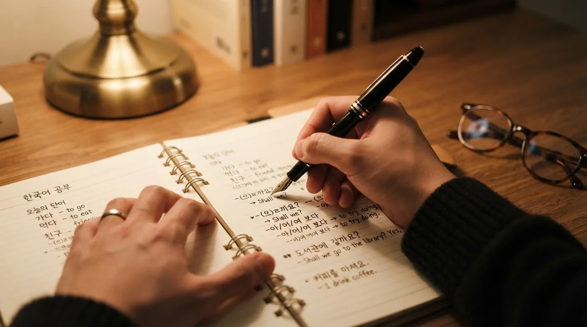 韓国語のノートにハングルと文法を丁寧に書き込んでいる様子