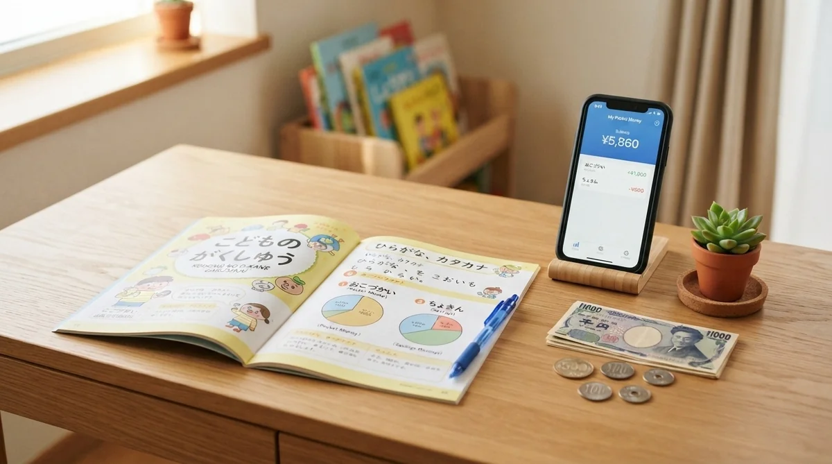整頓された子供の勉強机の上に置かれたお金のドリルと残高確認画面が表示されたスマートフォン
