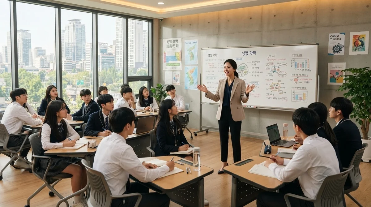 韓国の高校の授業風景で教師と生徒が思考力を育むやり取りをしている様子