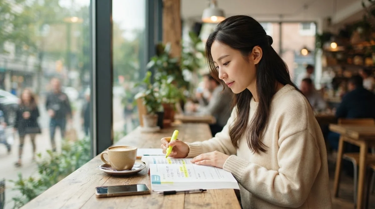 カフェで韓国語能力試験のテキストを開きマーカーで漢字語を整理する女性学習者