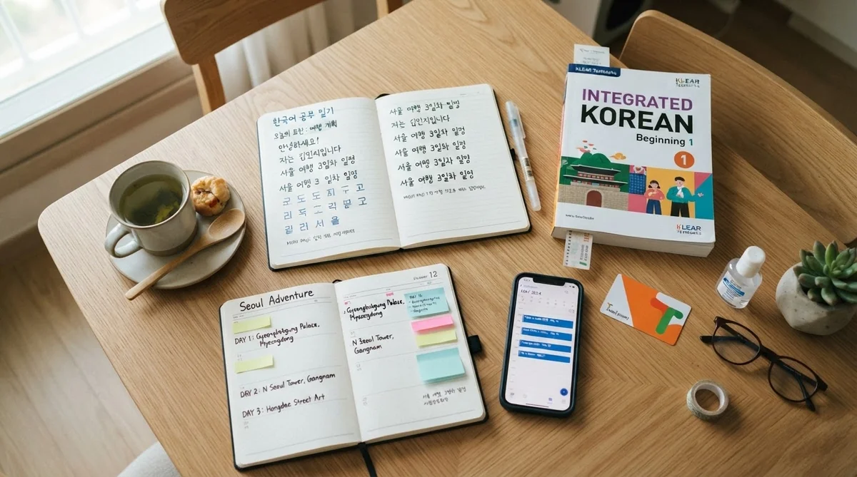 韓国語のノートや教材が並べられたデスクの風景