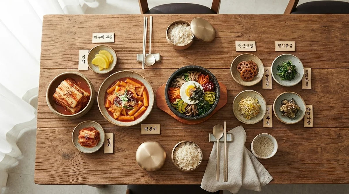 整然と並べられた韓国料理とハングルの表記カード