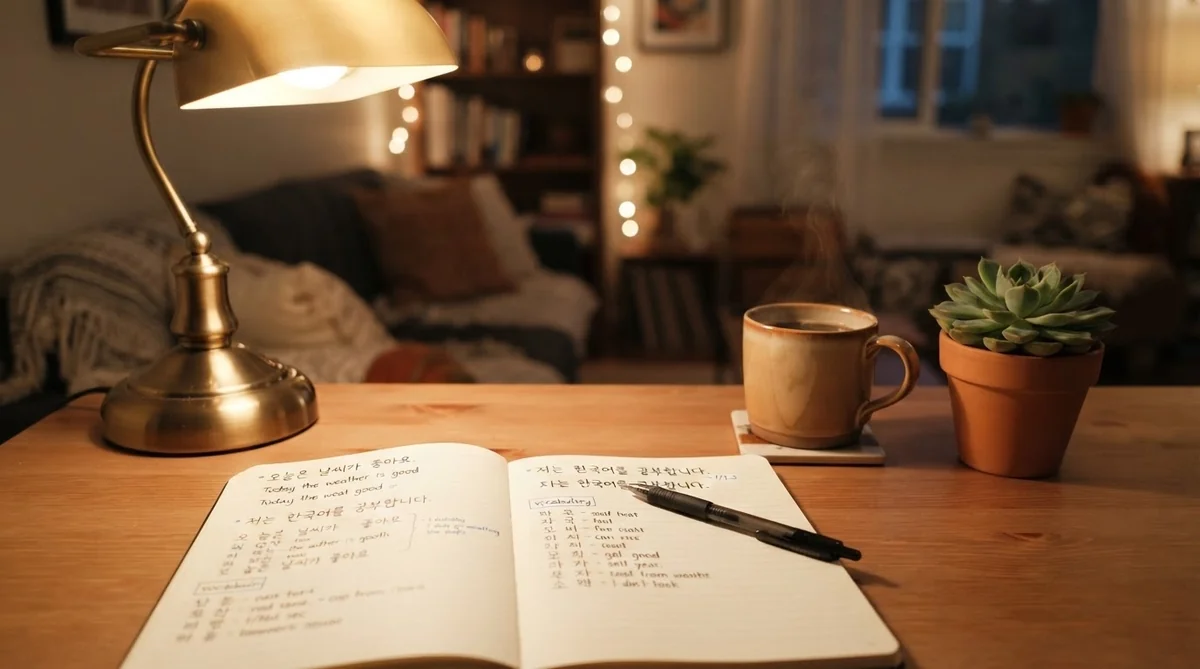 デスクライトに照らされた温かみのある勉強机とコーヒー