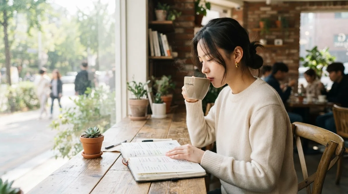 カフェの窓辺で穏やかに手帳を開き、将来のライフプランを考える東アジア人女性の姿