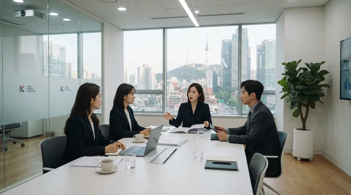 韓国の洗練されたオフィスで話し合うビジネスパーソンの様子
