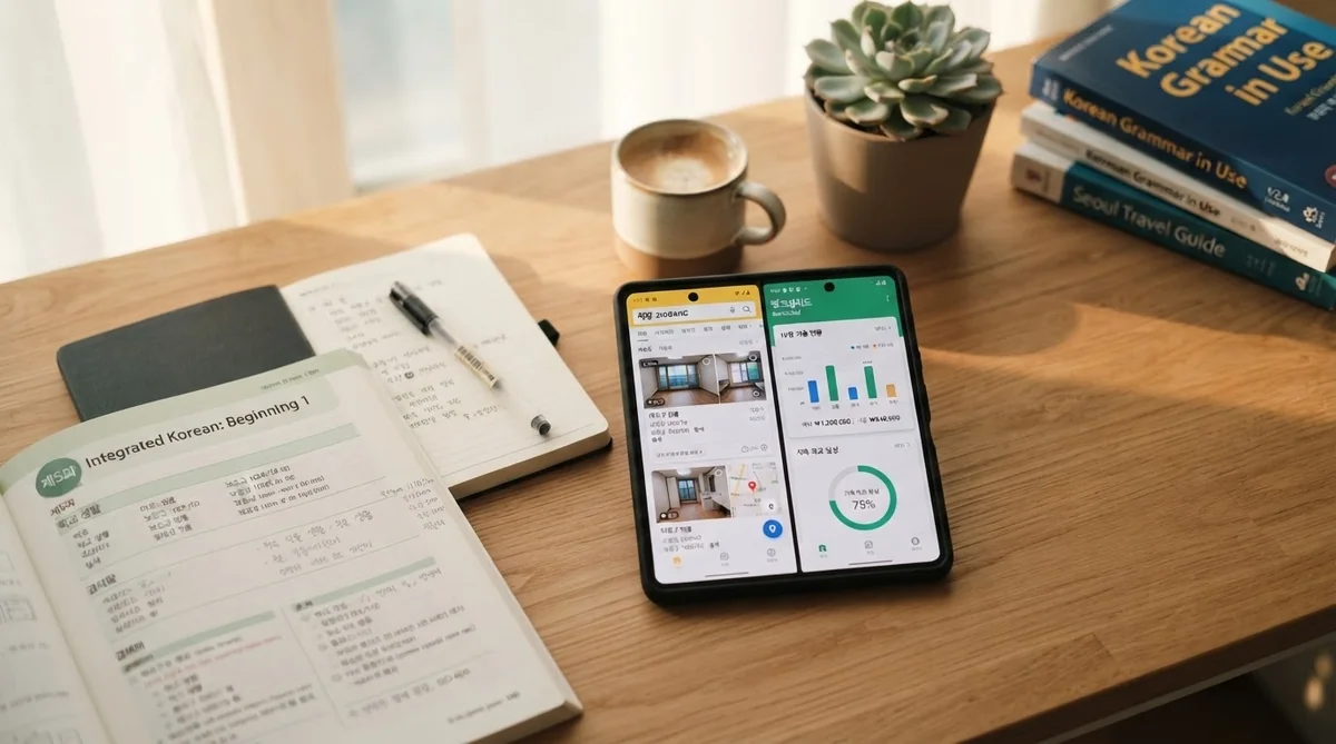 韓国語の教材と住居関連のデータが表示されたスマートフォンが並ぶデスク