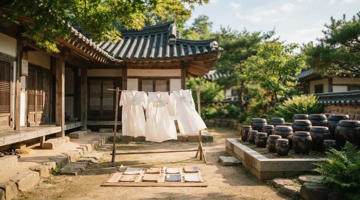 伝統的な韓屋の中庭で衣服や書物を日光に当てて乾かす風景
