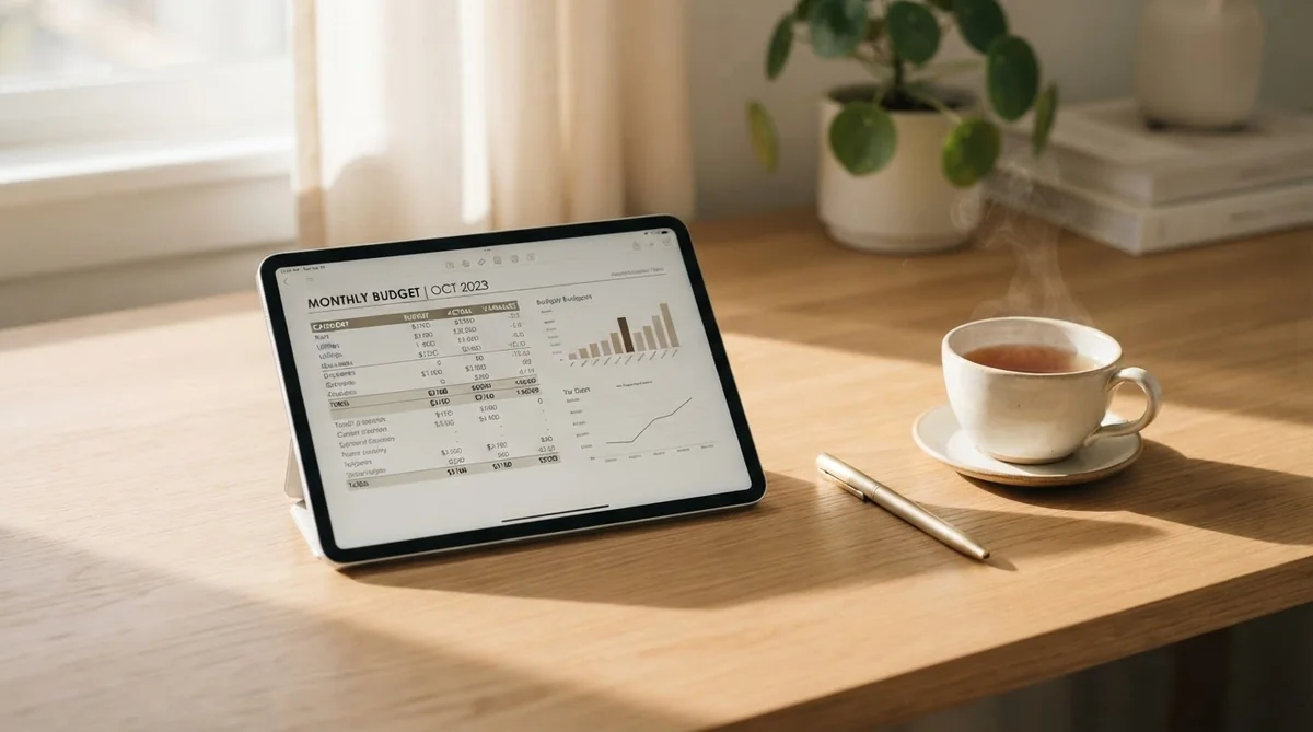 整然としたデスクの上でタブレットとノートを開き結婚費用の内訳を整理する様子