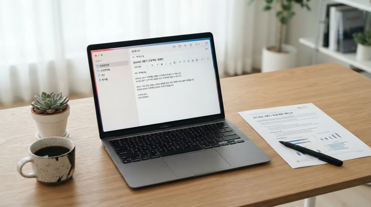整頓されたデスクでパソコンに韓国語ビジネスメールの構成案を表示している様子