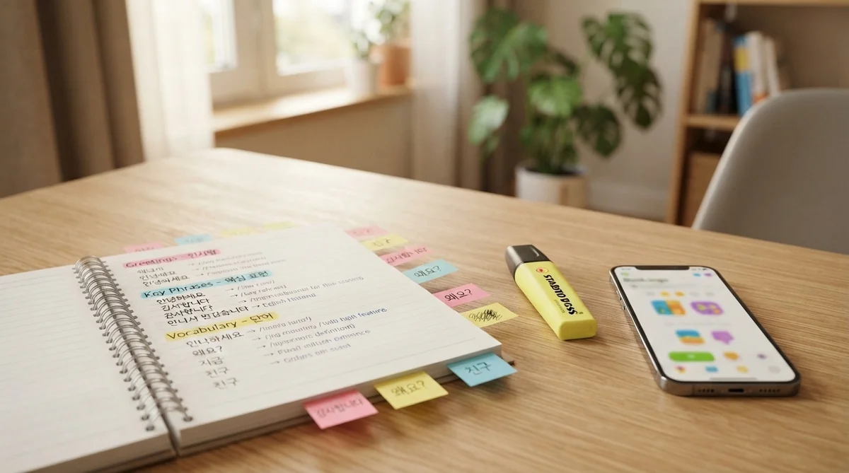きれいに整理された学習デスクのクローズアップ。ハングルと発音記号が書かれたノートや付箋、スマートフォンが置かれている