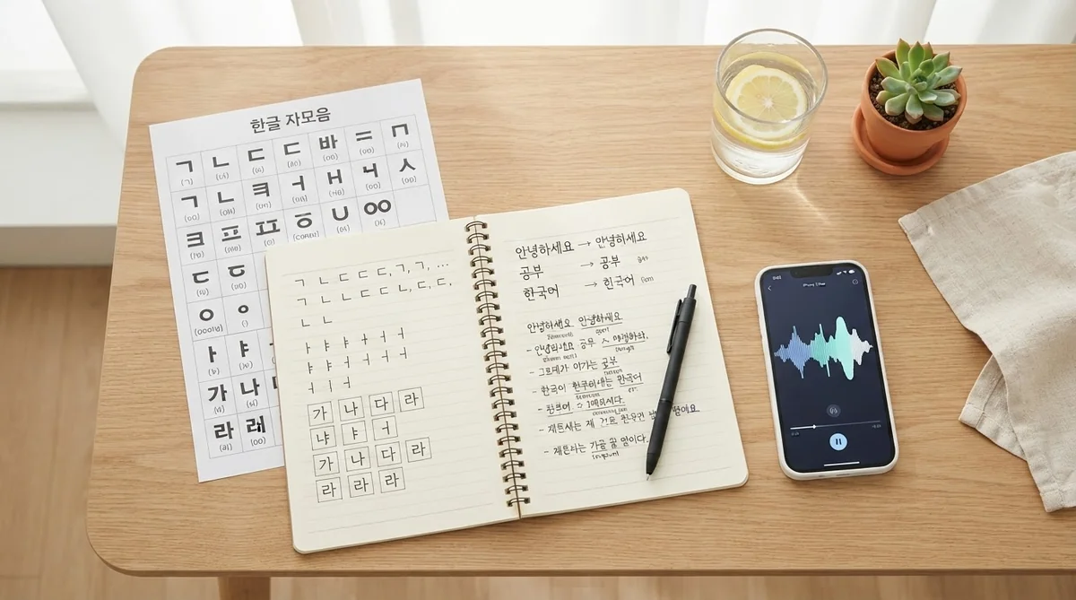 ハングルの基本五十音表と手書きのノートが置かれた韓国語の学習デスク