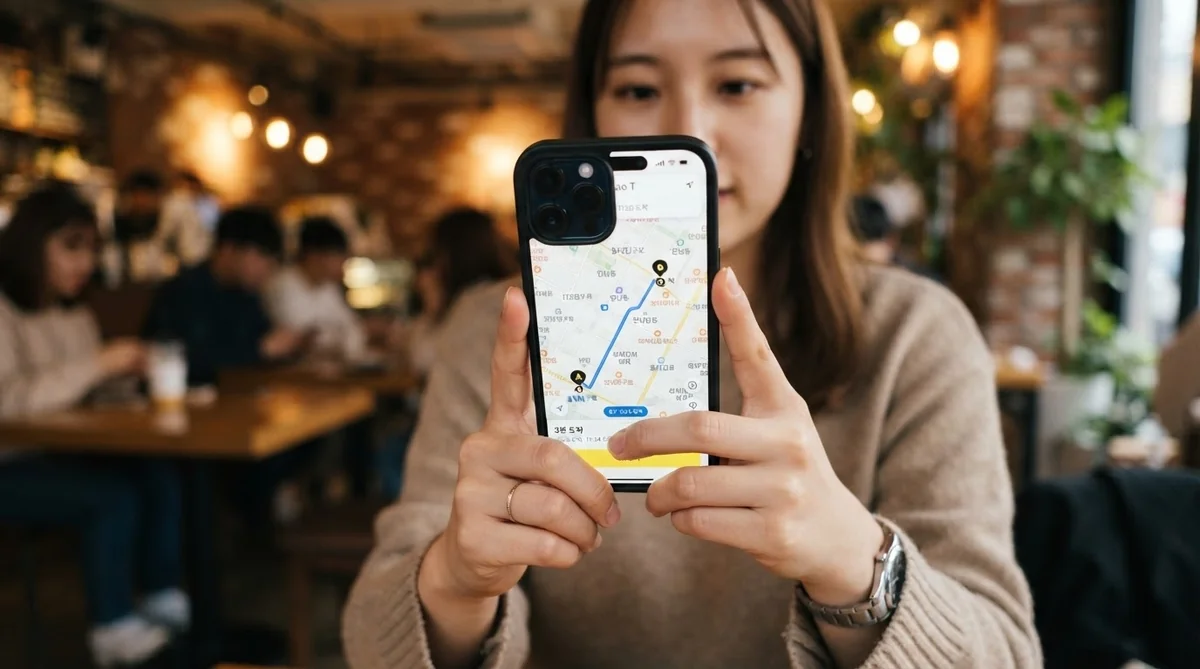 カフェの店内で手元のスマートフォンで韓国タクシーの配車アプリを検索する旅行者