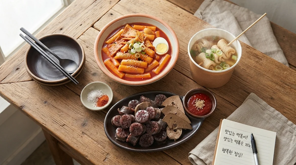 木製テーブルの上に並べられたトッポッキやオデンなどの定番韓国屋台料理